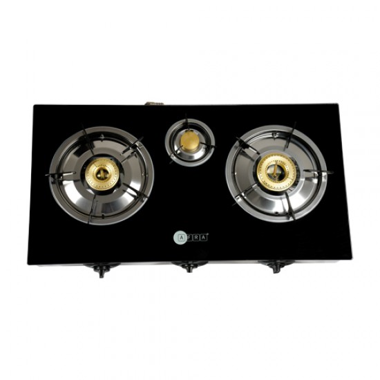AFRA Three Burner Gas Stove Compact Design Tempered Glass Easy To Clean Heat Resistant Shock Resistant G MARK ESMA ROHS and CB Certified 2 Years Warranty